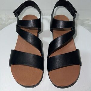 Baretraps Caley Black Brown Strappy Comfort Wedge Vegan Leather Sandals 9 Velcro